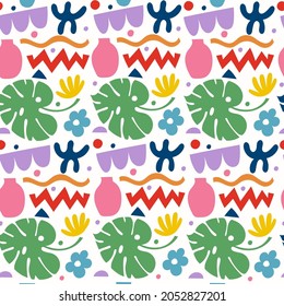 Seamless pattern with various doodles, colorful shapes and authentic objects. Abstract modern vector illustration background. Contemporary art backdrop for print, textile.