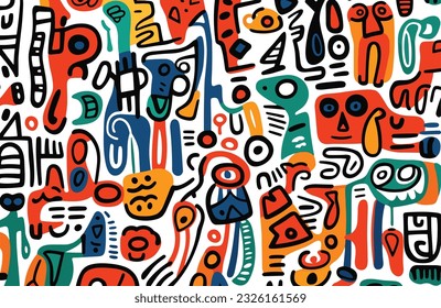 seamless pattern of various doodles, in the style of abstract expressionist figures, dogon art, letras y figuras, shaped canvas, abstract whispers, abstract figures 