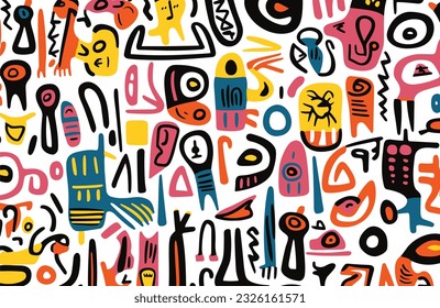 seamless pattern of various doodles, in the style of abstract expressionist figures, dogon art, letras y figuras, shaped canvas, abstract whispers, abstract figures 