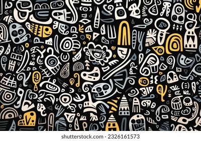 seamless pattern of various doodles, in the style of abstract expressionist figures, dogon art, letras y figuras, shaped canvas, abstract whispers, abstract figures 