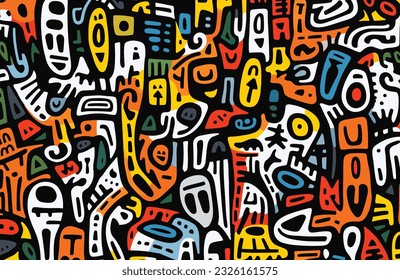 seamless pattern of various doodles, in the style of abstract expressionist figures, dogon art, letras y figuras, shaped canvas, abstract whispers, abstract figures 