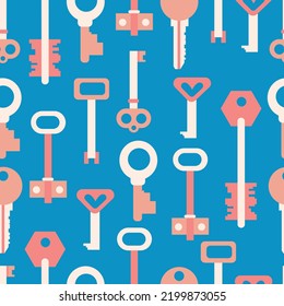 Seamless pattern with various door keys. Various vintage, antique and modern keys. Different types, sizes. Background, wallpaper, wrapping paper, poster template.