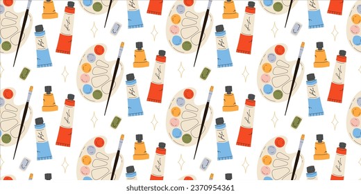 Seamless pattern with various drawing materials. Palette with paints and brushes in trendy flat style. Gouache, watercolor, acrylic paints. Vector stock illustration. Print for wrapping paper.