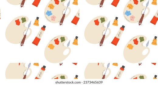 Seamless pattern with various drawing materials.A palette with paints and a palette knife in flat style. Gouache, watercolor, acrylic paints. Vector stock illustration. Print for wrapping paper.