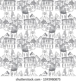 Seamless pattern of various drawn buildings on street old town