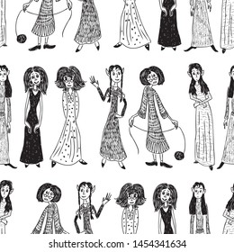 Seamless pattern of various drawn cartoon witches