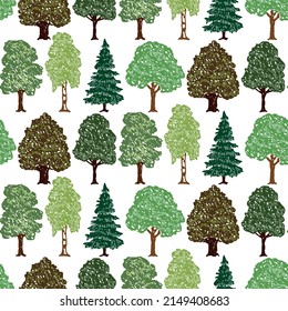 Seamless pattern of various drawn cartoon forest trees