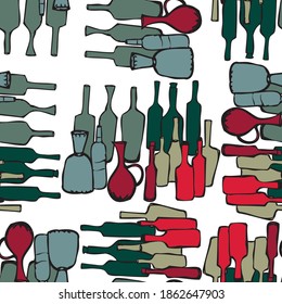 Seamless pattern of various drawn colorful wine bottles