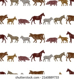 Seamless pattern of various drawn farm animals walking in rows