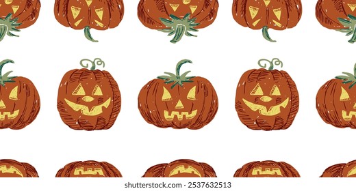 Seamless pattern of various drawn  Halloween pumpkins, vector illustration, isolated on white