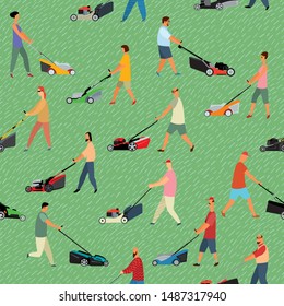 Seamless pattern. Various drawn people mow grass with lawn mowers. Vector full color graphics