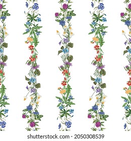Patrón sin foco de varias flores silvestres dibujadas en filas