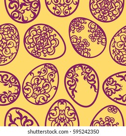 Seamless pattern with various easter carved eggs on beige background