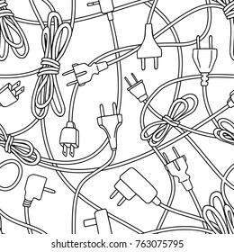 Seamless Pattern Of Various Electric Plugs And Power Cords