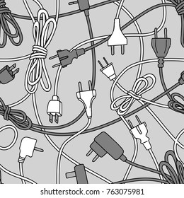 Seamless pattern of various electric plugs and power cords