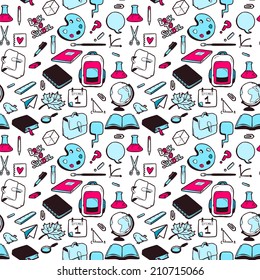 Seamless pattern with various elements for school. Vector seamless texture for wallpapers, pattern fills, web page backgrounds