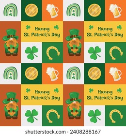 
Seamless pattern with various elements for St. Patrick's Day, coins, elves, lettering, horseshoes, trefoil. Vector illustration