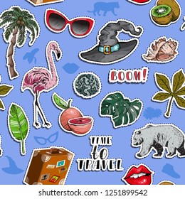 Seamless pattern with various exotic colorful objects. Summer travel concept. Vector illustration