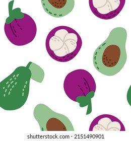 Seamless pattern with various exotic fruits. Avocado and mangosteen. Flat trendy style. Summer vector background