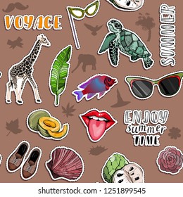 Seamless pattern with various exotic objects. Summer voyage and paradise travel concept. Vector illustration