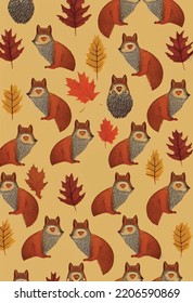 a seamless pattern of various fall animals foxes