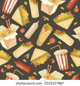 Seamless pattern of various fast food items on dark background. Vector illustration