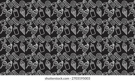 Seamless pattern of various fast food items on black