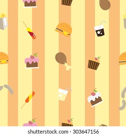 Seamless pattern with various fast food, sweets and beverages.