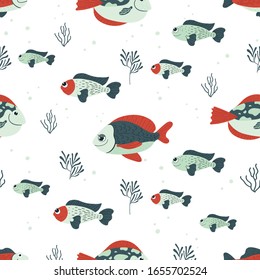 Seamless pattern with various fish and algae
