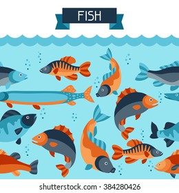 Seamless pattern with various fish. Background made without clipping mask. Easy to use for backdrop, textile, wrapping paper.