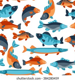 Seamless pattern with various fish. Background made without clipping mask. Easy to use for backdrop, textile, wrapping paper.