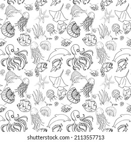 seamless pattern with various fish outlines on white background