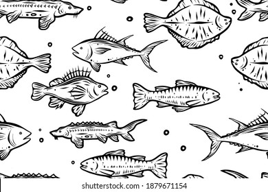 Seamless pattern of various fishes, hand drawn vector