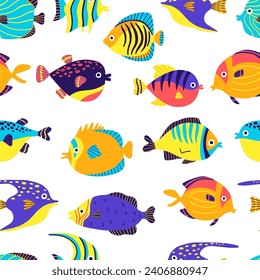 Seamless pattern with with various of fishes. Hand-drawn doodle fishes. Sealife concept. Summer beach print. Cute ocean background.