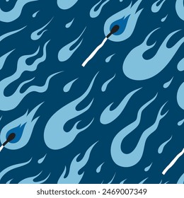 Seamless pattern various flames, fire and match in y2k aesthetic, vintage cartoon, old school tattoo neo tribal style. Trendy modern vector illustration in blue tones, hand drawn, flat design