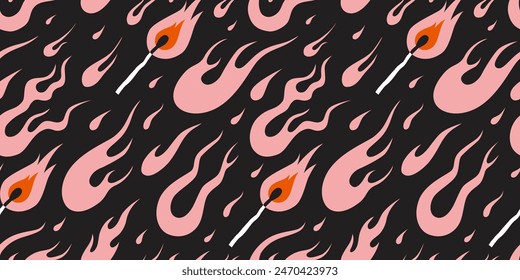 Seamless pattern various flames, fire and match in y2k aesthetic, vintage cartoon, old school tattoo neo tribal style. Trendy modern vector illustration on black background, hand drawn, flat design