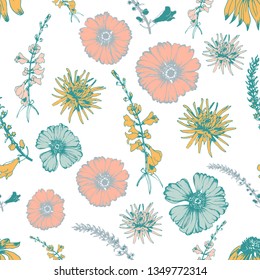 Seamless pattern with various flowers. Hand drawn style floral vector background