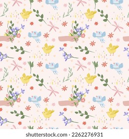 Seamless pattern with various flowers in hand, bird, butterflies, hearts. Spring flowering. Floral pattern can be used as textile, fabric, wallpaper, banner, etc. Vector.
