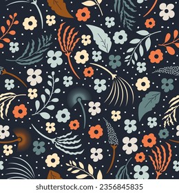 Seamless pattern with various flowers and leaves in seasonal colors.