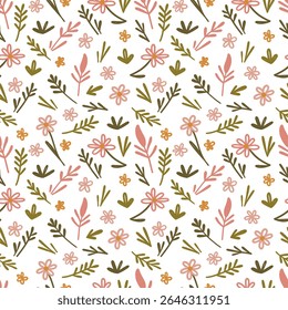 A seamless pattern of various flowers and leaves in soft pink, orange, and green colors on a white background. Ideal for fabric or wallpaper design.