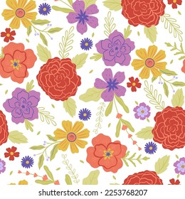 Seamless pattern with various flowers on a white background. Vector graphics.