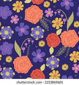Seamless pattern with various flowers on a dark blue background. Vector graphics.