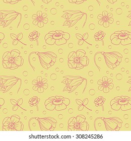 Seamless pattern of various flowers and plants, vector illustration
