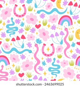 Seamless pattern with various flowers, snakes and horseshoes. Floral vector flat background