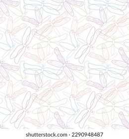 Seamless pattern with various flying dragonfly. Kawaii design. Cute hand drawn vector background for kids room decor, nursery art, fabric, wallpaper, wrapping paper, textile, packaging, gift, apparel.