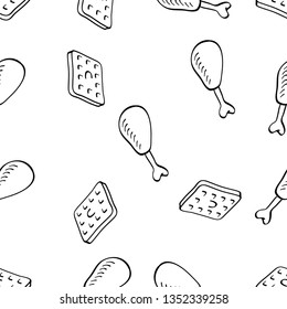 Seamless Pattern of Various Food hand drawn in black and white doodle vector