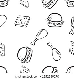 Seamless Pattern of Various Food hand drawn in black and white doodle vector