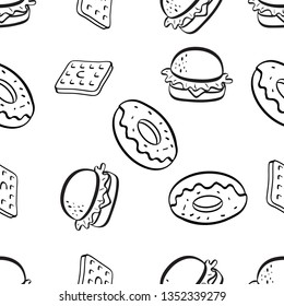 Seamless Pattern of Various Food hand drawn in black and white doodle vector