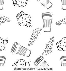 Seamless Pattern of Various Food hand drawn in black and white doodle vector