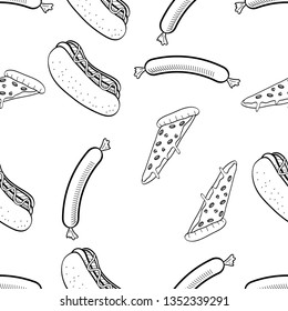 Seamless Pattern of Various Food hand drawn in black and white doodle vector
